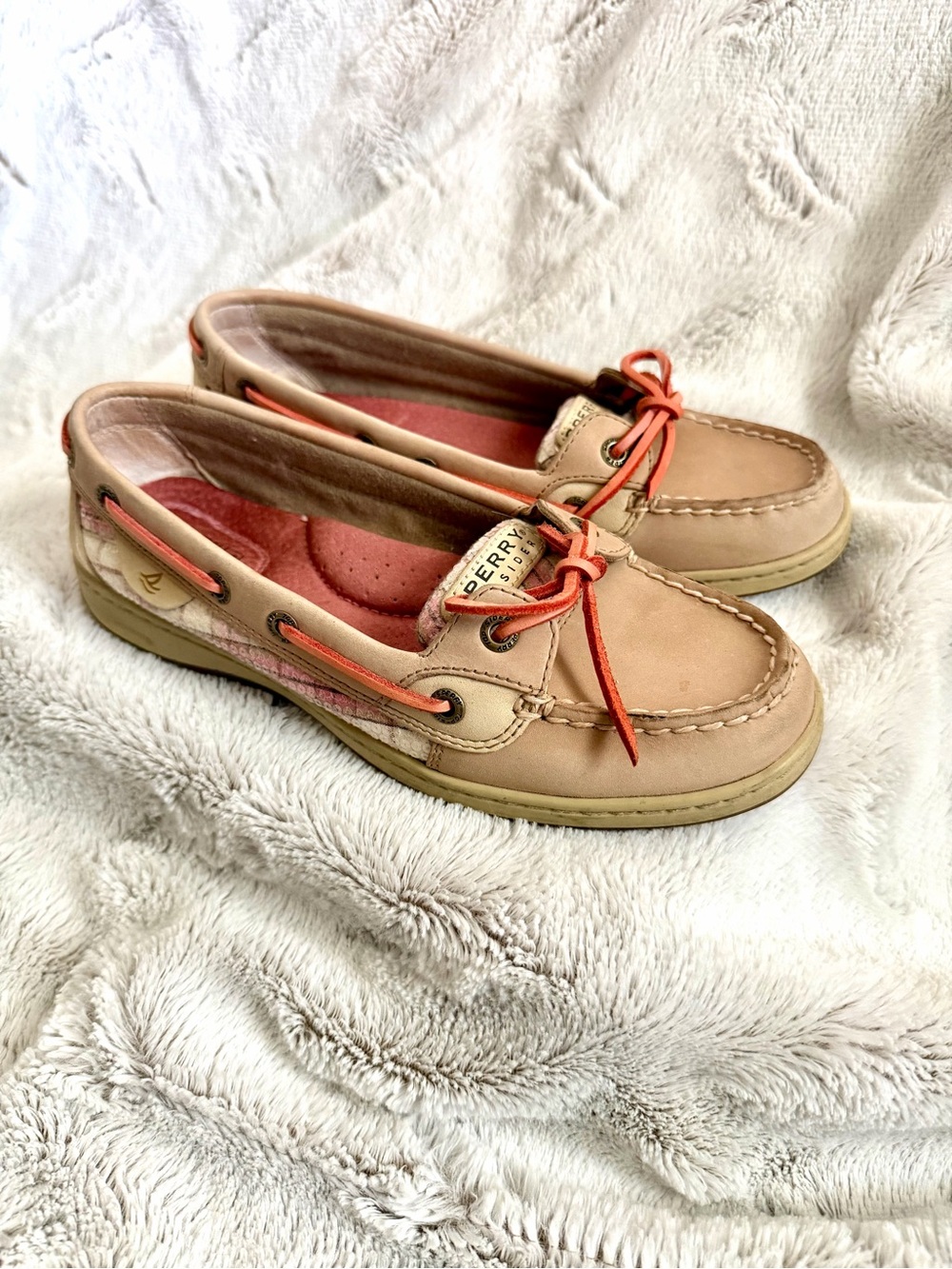 Sperry Tan Leather Moccasins with Coral Accents 7.5